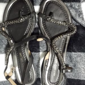 Antonio's Melani Black Leather Snake Flat Sandals